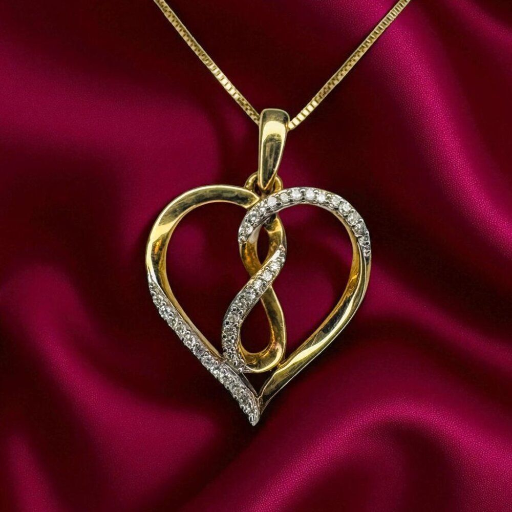 10K Gold- Open Heart Natural Diamond Necklace -18" Box Chain- 1/5 CT T.W. -2.4g